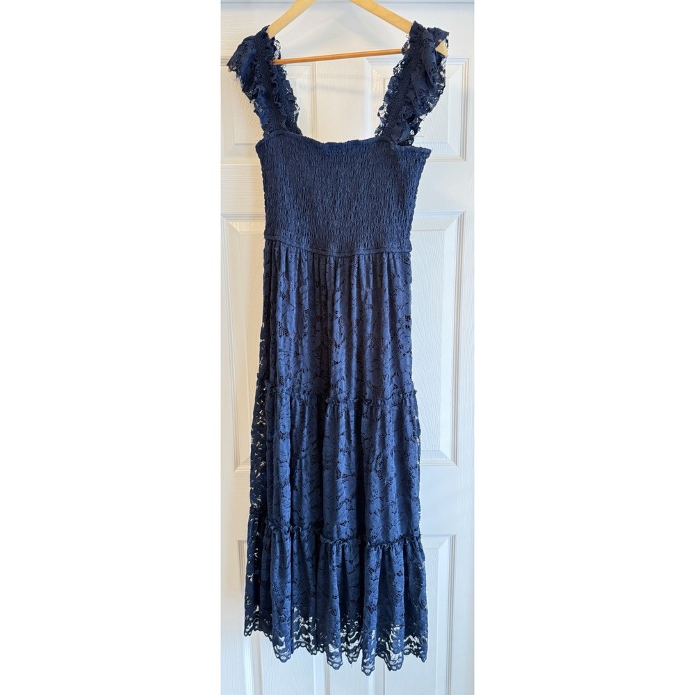 Audrey Parks Francesca's Maxi Dress Womens Medium Navy Blue Lace Smocked Tiered